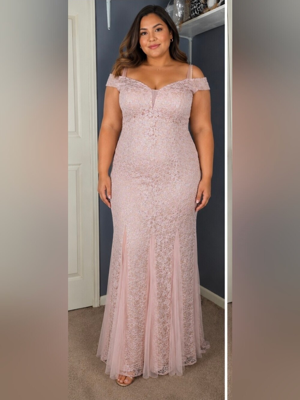 Plus-Size Dusty Rose Lace Off-Shoulder Maxi Dress